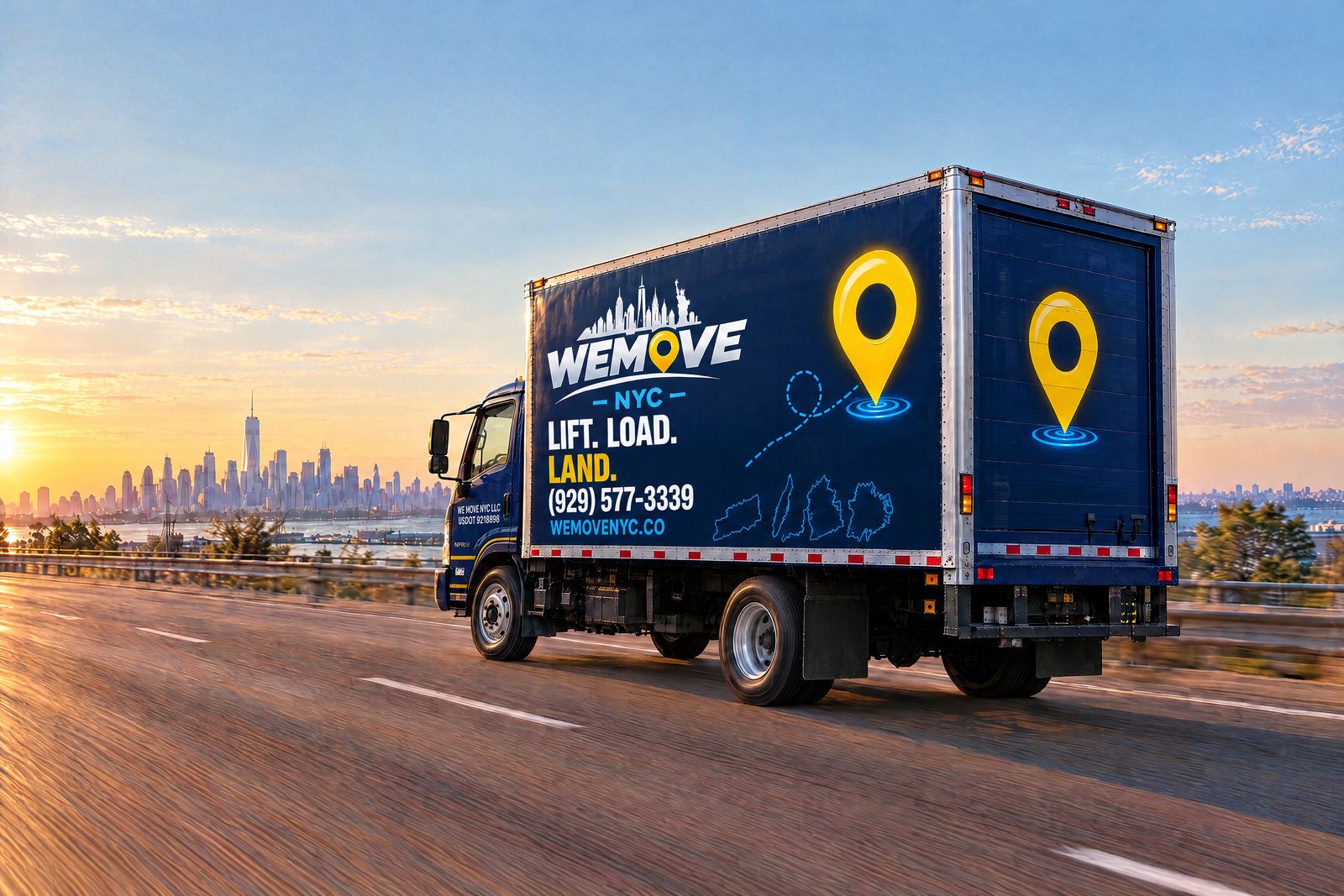 The truck on the highway leaving the city