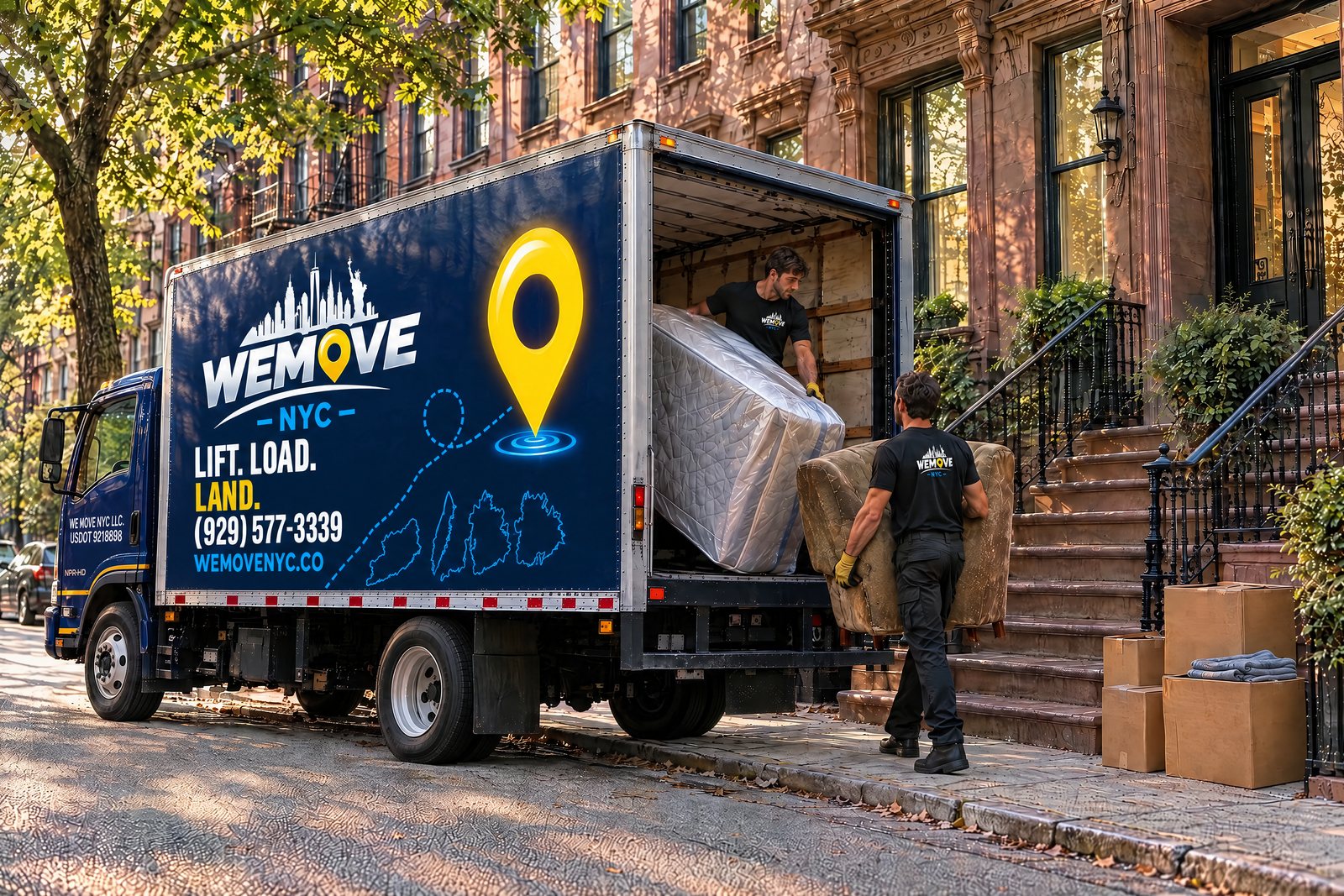 Movers loading an old mattress and armchair into the truck