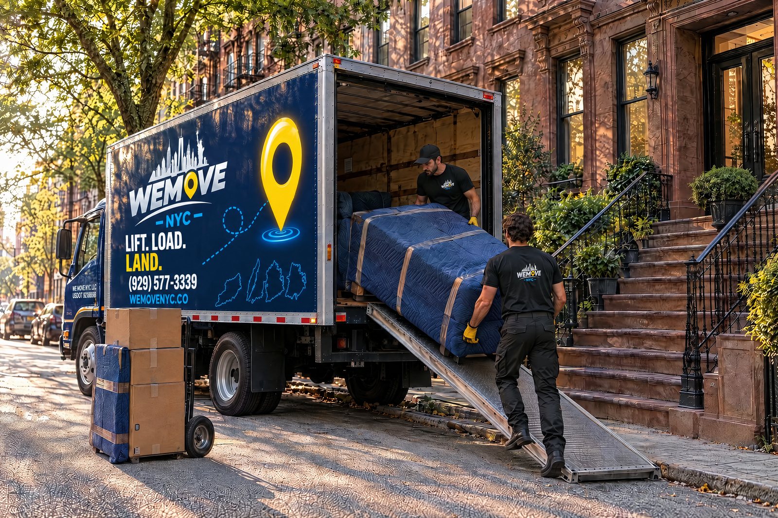 Crew loading wrapped furniture and boxes into the We Move NYC truck
