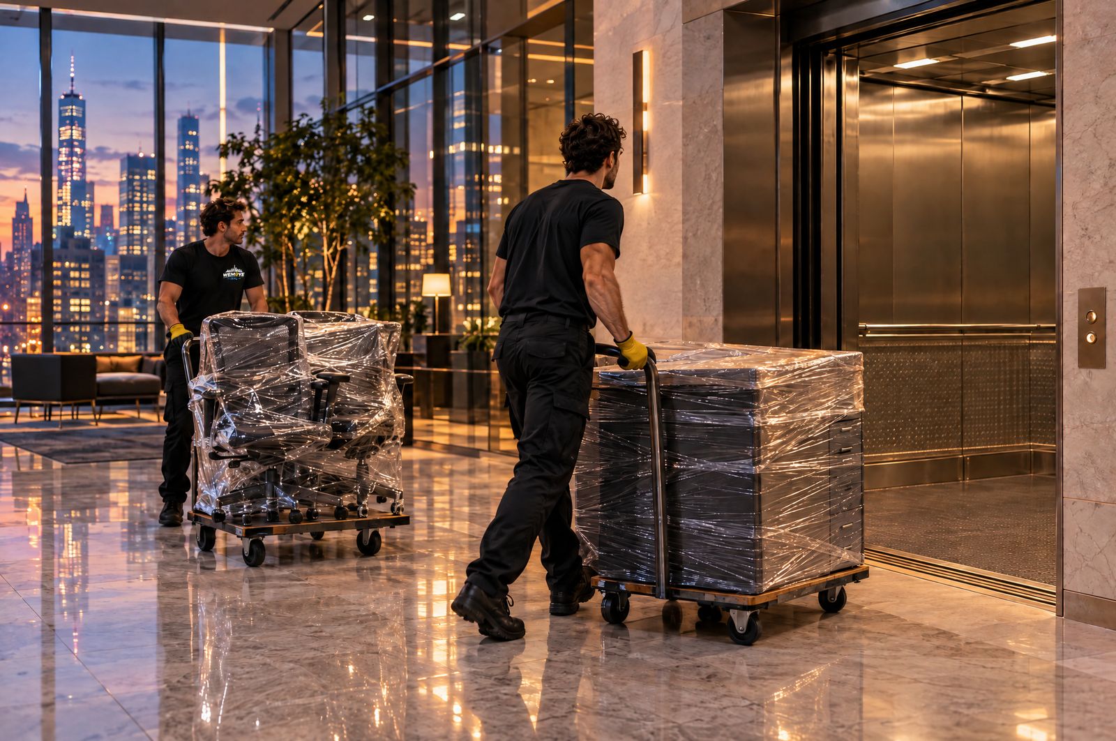 Movers rolling wrapped desks through an office lobby after hours
