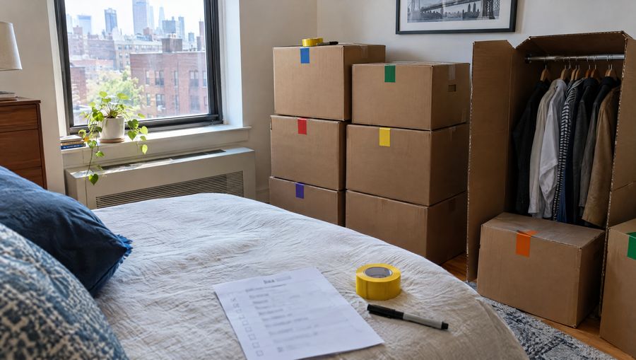 Labeled boxes and a packing checklist in a bedroom