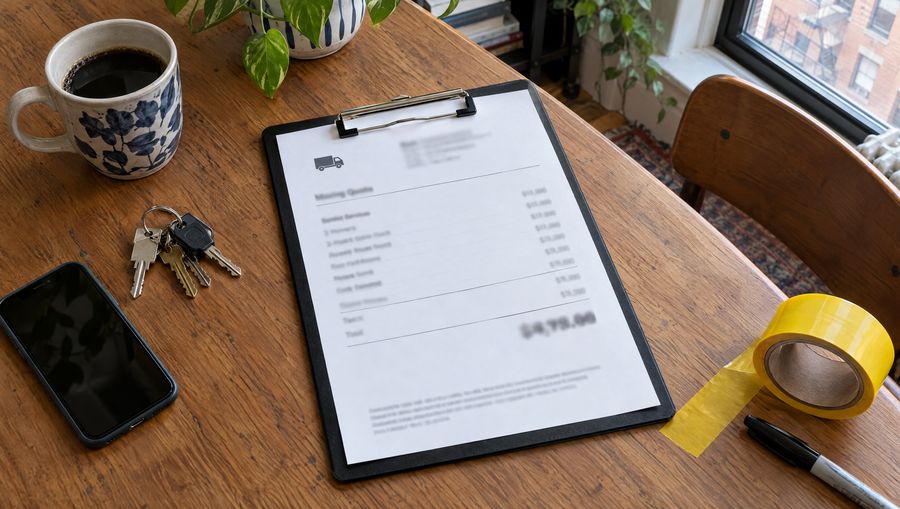 A written moving quote on a kitchen table