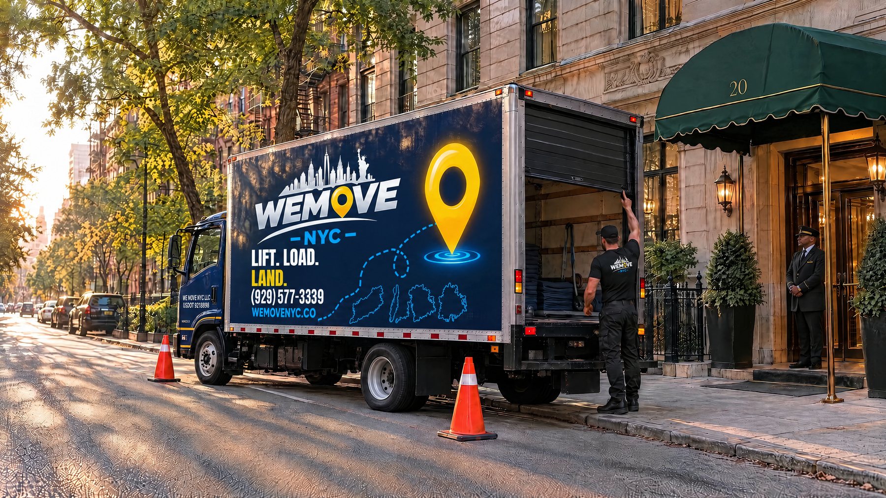 Truck parked with cones outside a doorman building