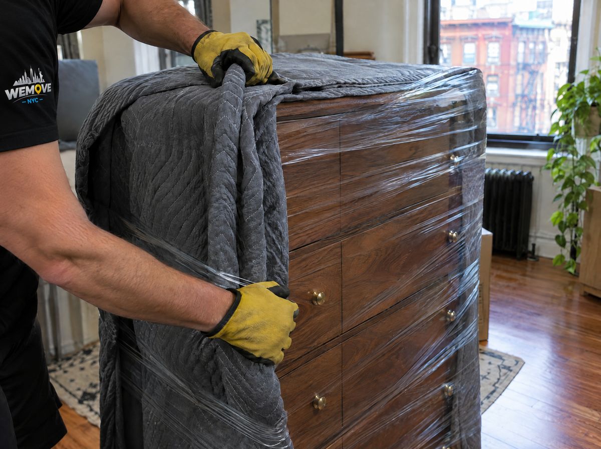 Mover's gloved hands wrapping a dresser in a moving blanket